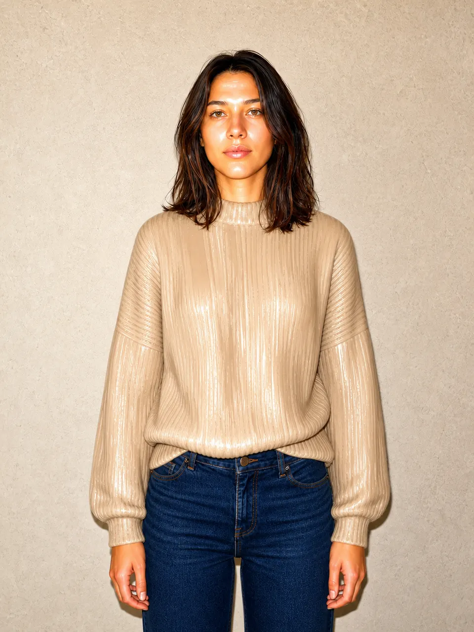 Result of the prompt: beautiful model wearing a beige knit sweater, high quality, 8k