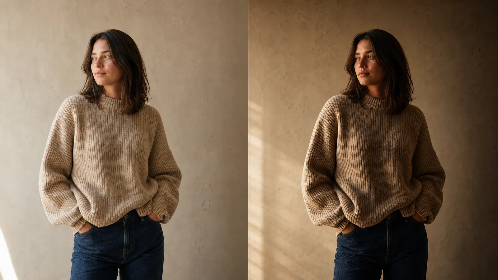 The same model and garment rendered two ways side by side — a clean literal commercial style on the left, a more stylised cinematic look on the right