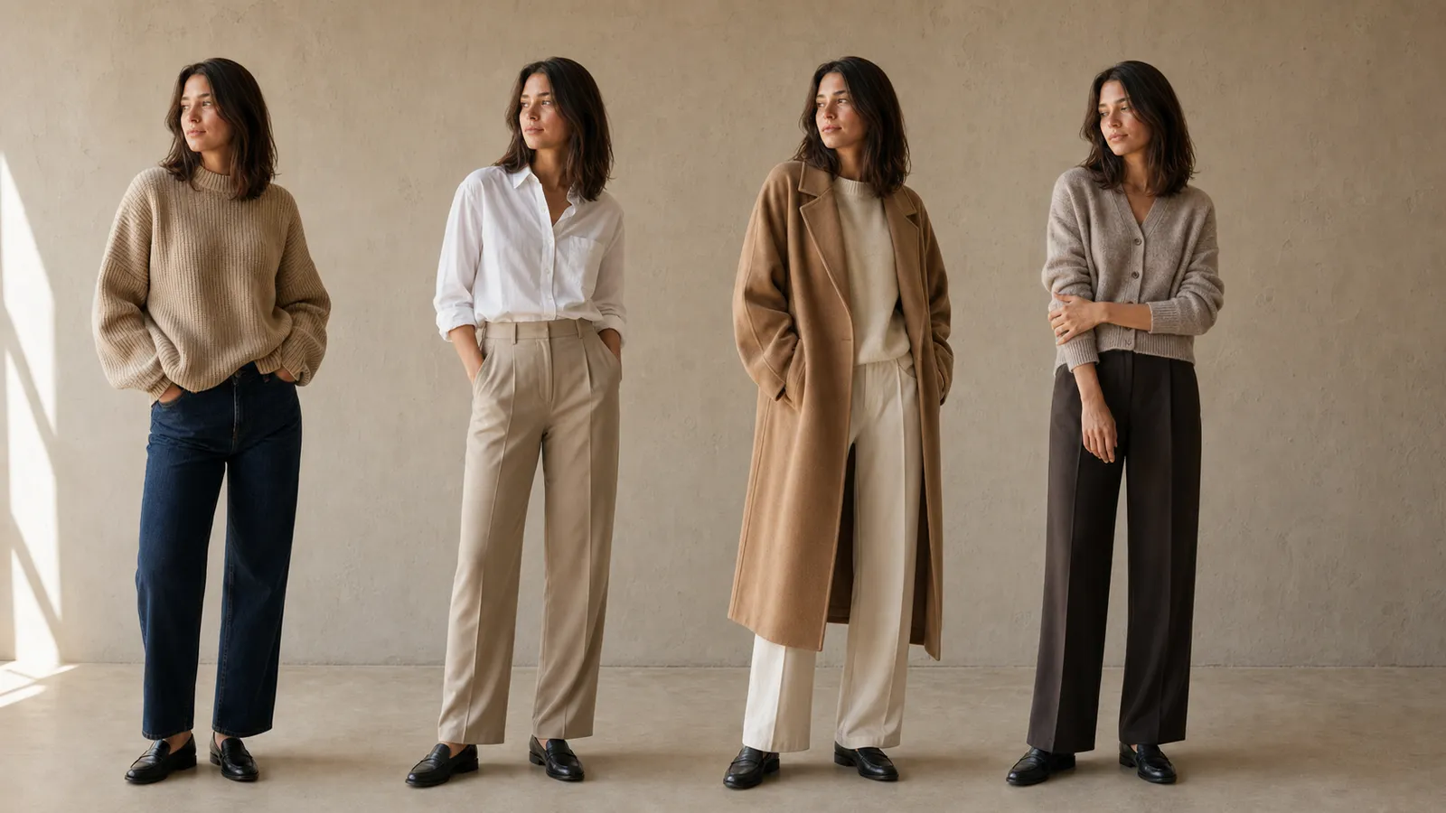 The same AI-generated model photographed in four different outfits, with identical facial features and lighting across every frame