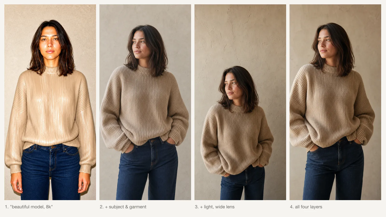 Four AI portraits side by side — same model, same beige knit sweater — with the prompt building from "beautiful model" up through subject, garment, light, and camera